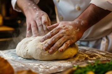 Fototapeta premium chefs hands shaping artisan bread dough before baking
