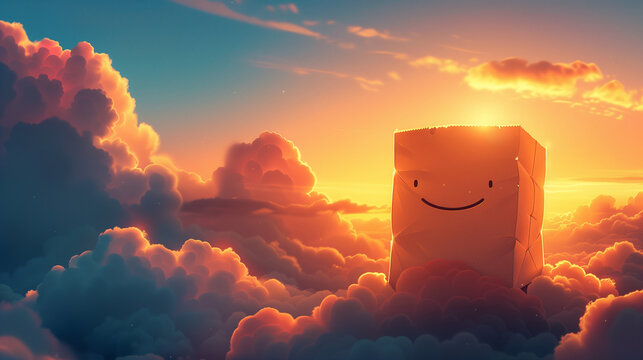 A conceptual image of a cartoon-style smiling paper bag floating gently among clouds, symbolizing lightness and environmental friendliness.