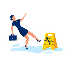 Businesswoman with a briefcase fell on a wet floor. Floor sign of danger. Cleaning in progress. Wet floor sign. Isolated on white background. Vector illustration flat design. Not an attentive person.