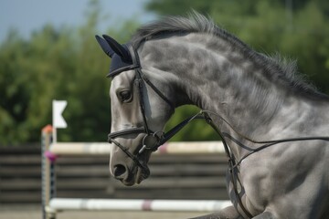 closeup on a grey horses face while clearing a jump