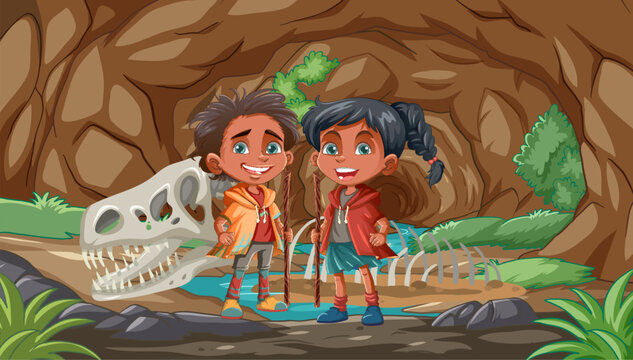 Two children smiling beside a large dinosaur skeleton