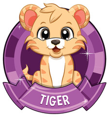 Adorable illustrated tiger cub in a purple badge