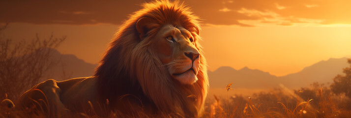 Majestic lion on the background of the savannah. Generative AI