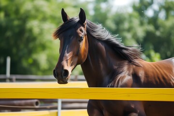 horse with focused expression clearing a bright yellow fence