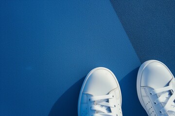 white sneakers stepping on a blue sports court floor