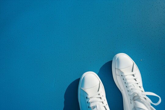 white sneakers stepping on a blue sports court floor