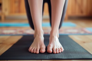 womans feet on yoga mat practicing mountain pose - obrazy, fototapety, plakaty