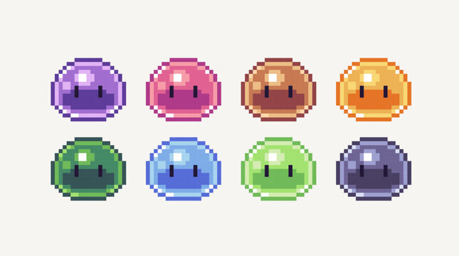 Monster slime pixel art set. Cute colorful blob with eyes collection. Kawaii Ooze 8 bit sprite. Game development, mobile app. Isolated vector illustration.