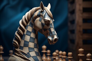 a chess horse with a chessboard - obrazy, fototapety, plakaty