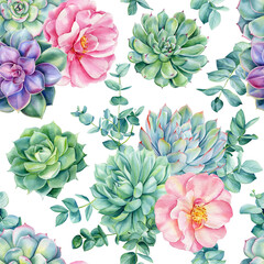 Cute Tropical Summer succulents seamless pattern. Watercolor green plant, flower rose. Hand painted vintage background