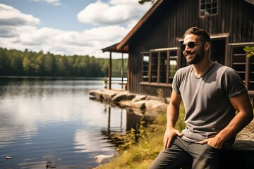 A male tourist by a lake with a cabin and trees in a tranquil setting