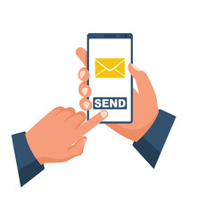A man sends a letter with a smartphone. A finger touches the phone screen. Smartphone in hand. Social networking concept. Vector illustration flat design. Isolated on white background.