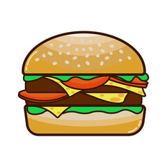 Isolated outline simple cheese burger, icon of fast food, with meat, salad and cheese