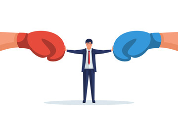 Stop conflict. Businessman referee finds compromise. Mediator solving competition. Conflict and solution. The man throws two fists in boxing gloves. Vector illustration flat design.