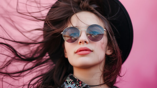 Stylish woman with sunglasses and windswept hair.