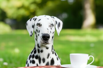 dalmatian with a saucer and cup outdoors