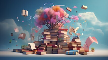 Enchanting 3D Illustration of Books Igniting Imagination and Creativity - obrazy, fototapety, plakaty