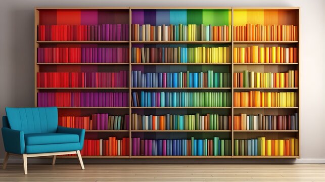 Vibrant Rainbow Folders Adorning Contemporary Bookshelf: Modern Interior Design Backdrop