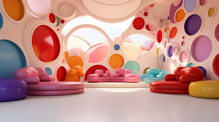 A 3D rendering picture of a colorful circles room.