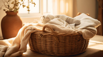 Fototapeta na wymiar A basket with clean linen in an atmosphere of home.