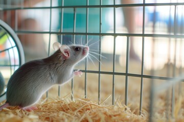 mouse in cage looking at mirror, person outside observing
