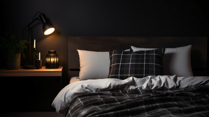 A bed with a black headboard and a white and black design.