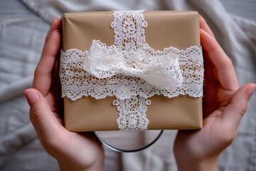 hands holding a gift box with a magnified focus on the intricate lace ribbon - obrazy, fototapety, plakaty