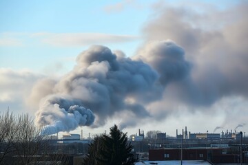 plumes of smoke rising high above industrial estate