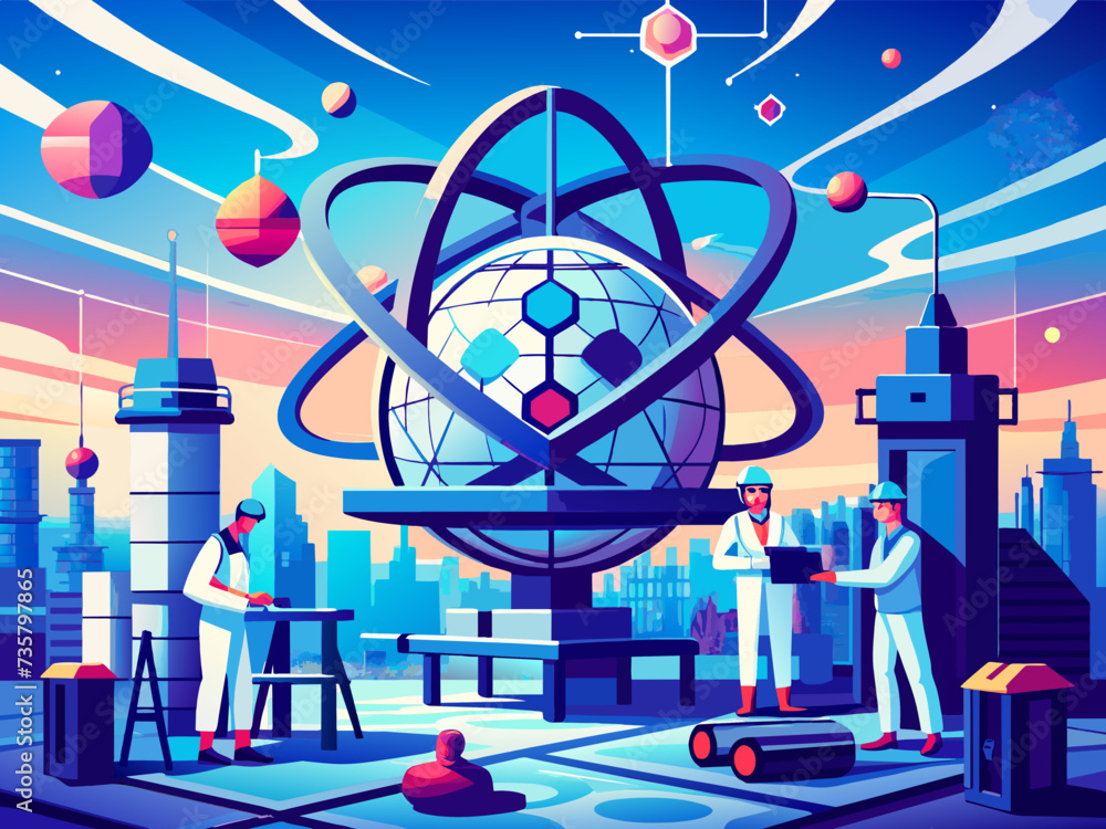 Poster nanobots constructing futuristic structures atom by atom. vektor illustation