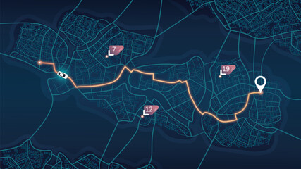 An abstract navigation plan highlights POI including city streets, blocks. City map featuring directional signs, an intended goal point and multiple markers. Editable vector illustration - obrazy, fototapety, plakaty