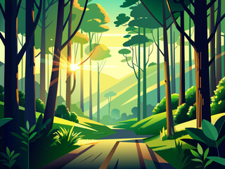 A serene forest scene with dappled sunlight filtering through the trees. vektor illustation