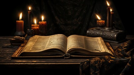 Enchanting scene with ancient magic rituals book and flickering candles on a dimly lit table - obrazy, fototapety, plakaty