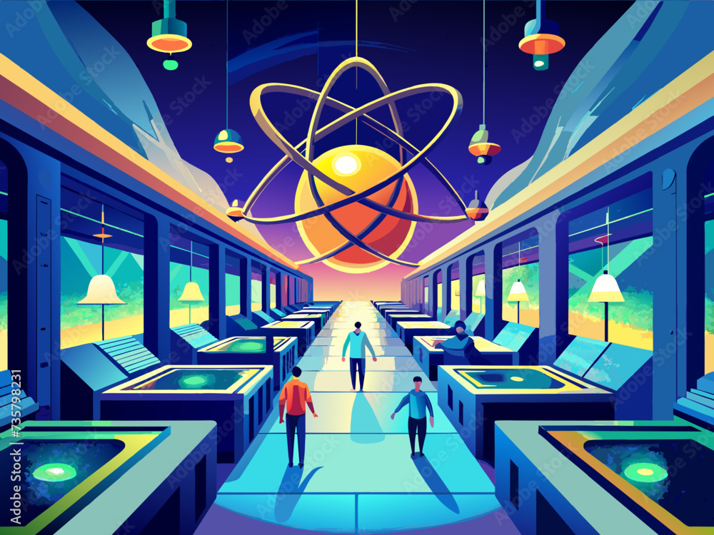 Poster quantum supercomputers solving the mysteries of the universe. vektor illustation