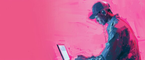 illustration of man writing with a laptop on a pink background with space for text