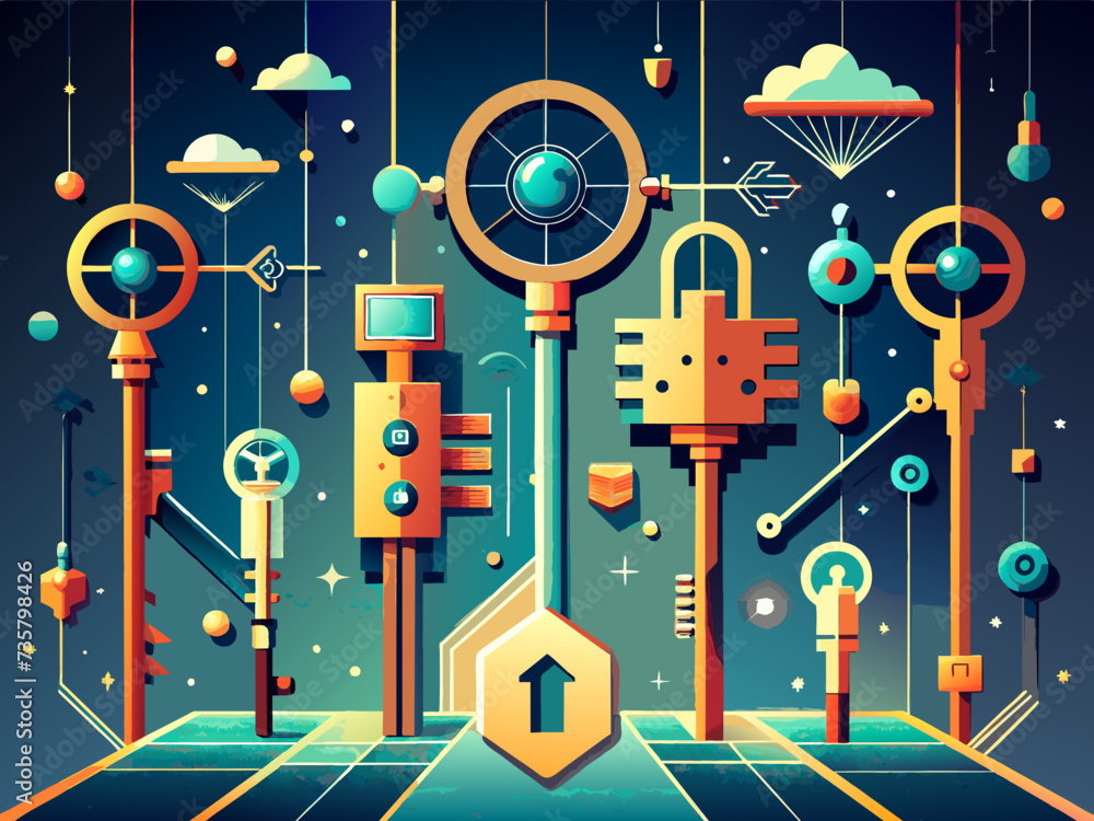 Aufkleber quantum encryption keys for unbreakable communication. vektor illustation