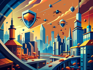 Nanotech swarm defenses protecting cities from threats. vektor illustation