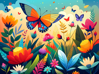 Obraz na płótnie Canvas Colorful butterflies fluttering among vibrant blooms. vektor illustation