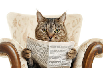 The cat sits with an important look on a chair and reads a newspaper
