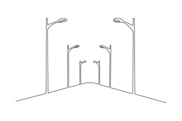 Night city street with decorative lights in city. Modern megalopolis district with multistorey houses glow with bright lights, snowflake lamps, Cartoon vector illustration