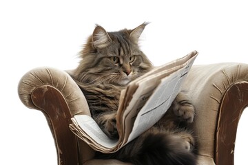 The cat sits with an important look on a chair and reads a newspaper
 - obrazy, fototapety, plakaty