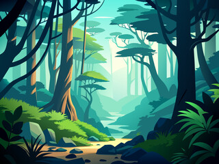 A misty forest scene with ancient trees and tangled undergrowth. vektor illustation