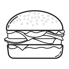 Isolated outline simple cheese burger, icon of fast food, with meat, salad and cheese