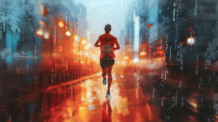 An athlete runs down the street during the rain
 - obrazy, fototapety, plakaty