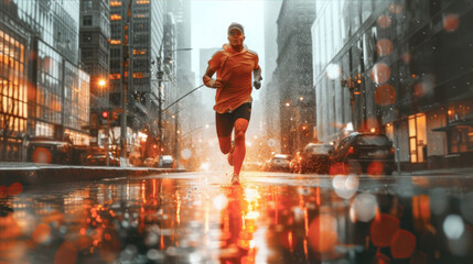 An athlete runs down the street during the rain
 - obrazy, fototapety, plakaty