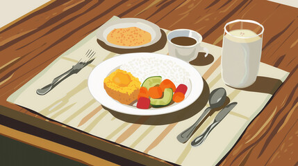 Illustrated breakfast plate with sunny-side up egg.