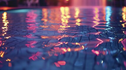 Fluorescent fantasy pool party, neon lights reflecting on water's surface