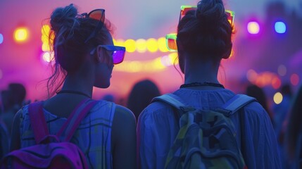 Fototapeta premium Neon glow of dusk envelops summer concertgoers in fluorescent festival fashion
