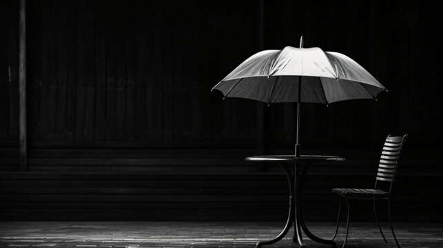 A black and white photo of an umbrella on a table.