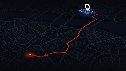 Concept of your location on map. Navigation to poi. Simple scheme of isometric city. Location tracks dashboard. Generic city map with signs of streets, roads, house. Vector illustration, background