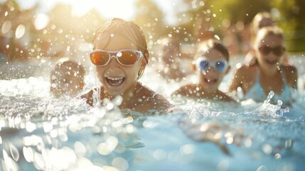 Kids splashing in a summer pool, colorful swim gear and bright sun rays